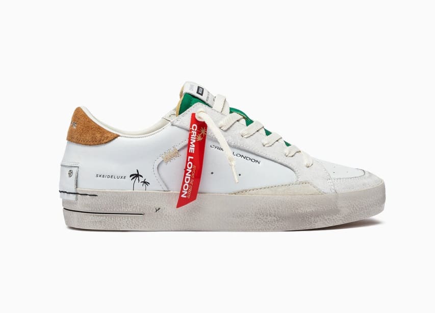 Scarpa Sneaker Uomo Crime London SK8 Deluxe US25CR05 - Pelle Bianca Con Dettagli Suede E Verde, Suola Alta 3,5 Cm, Made In Italy